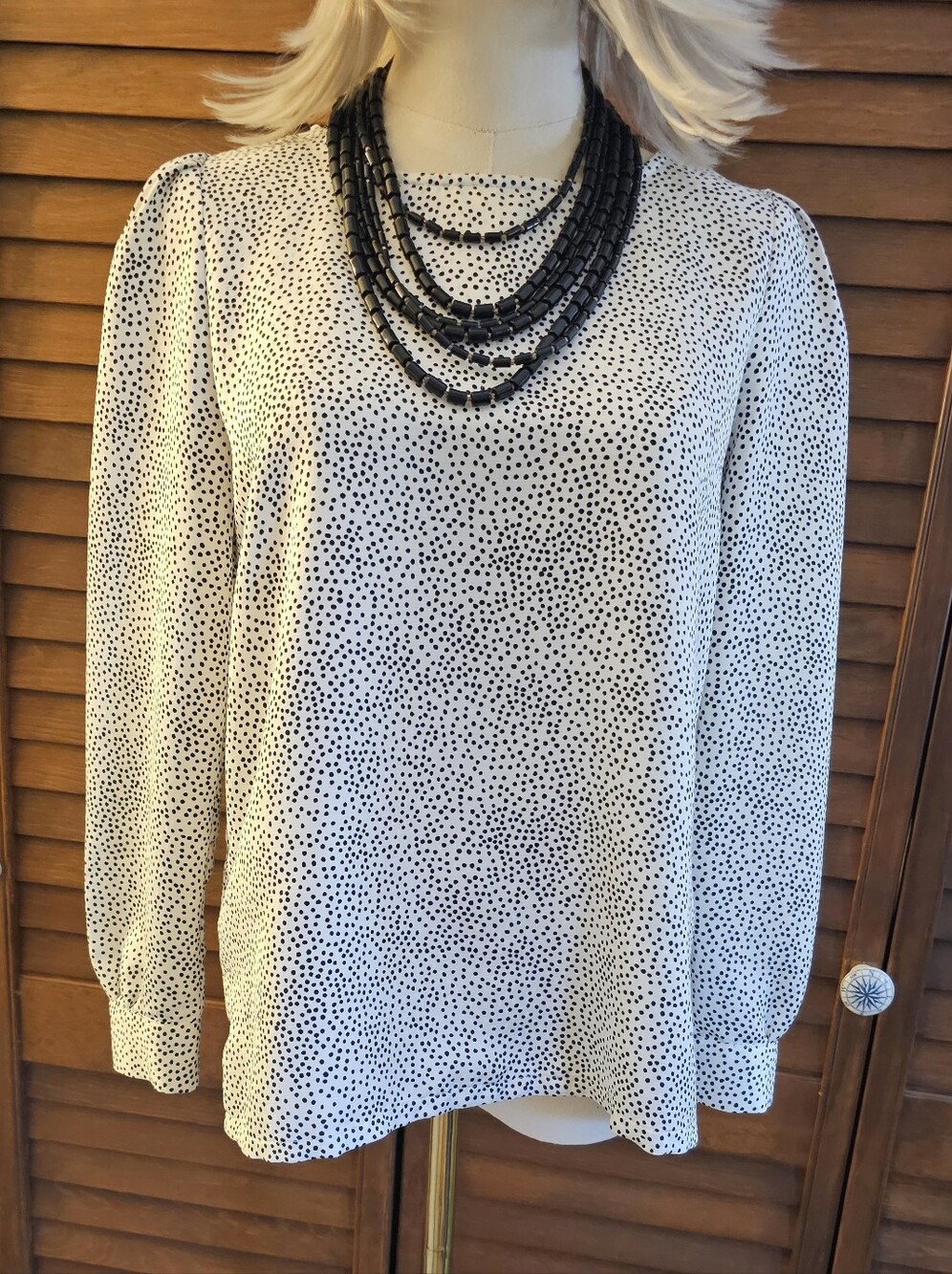 LOFT Cream Blouse with Black Micro Dot Print and Puff Shoulders